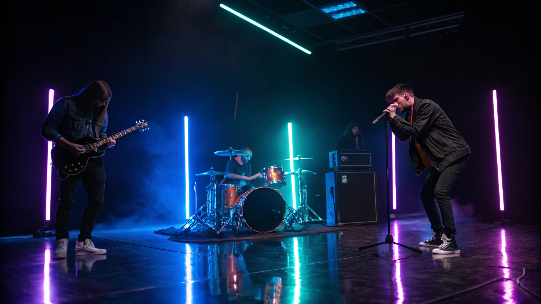 Silhouetted band members under dramatic stage lighting