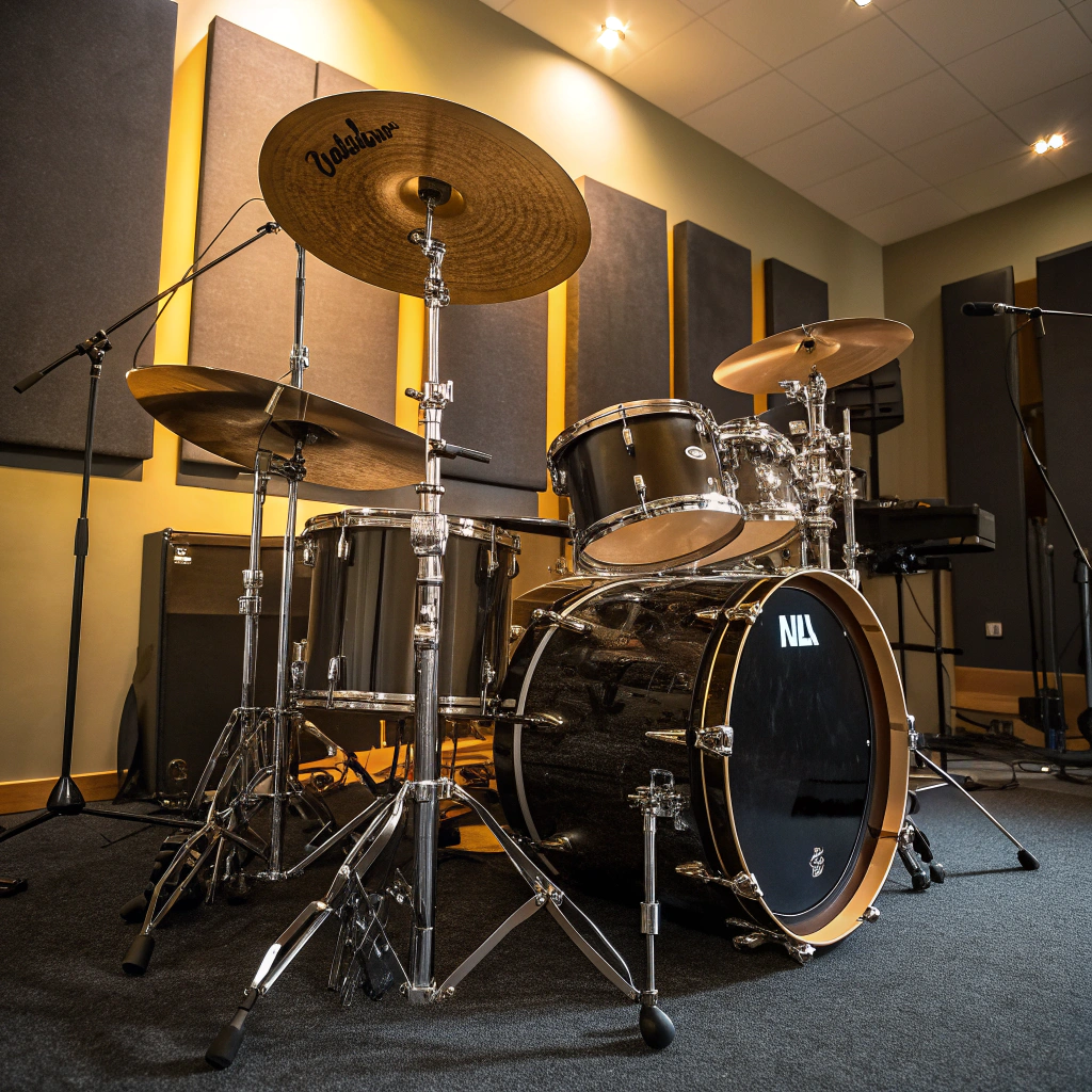 Drum kit set up in a professional recording space