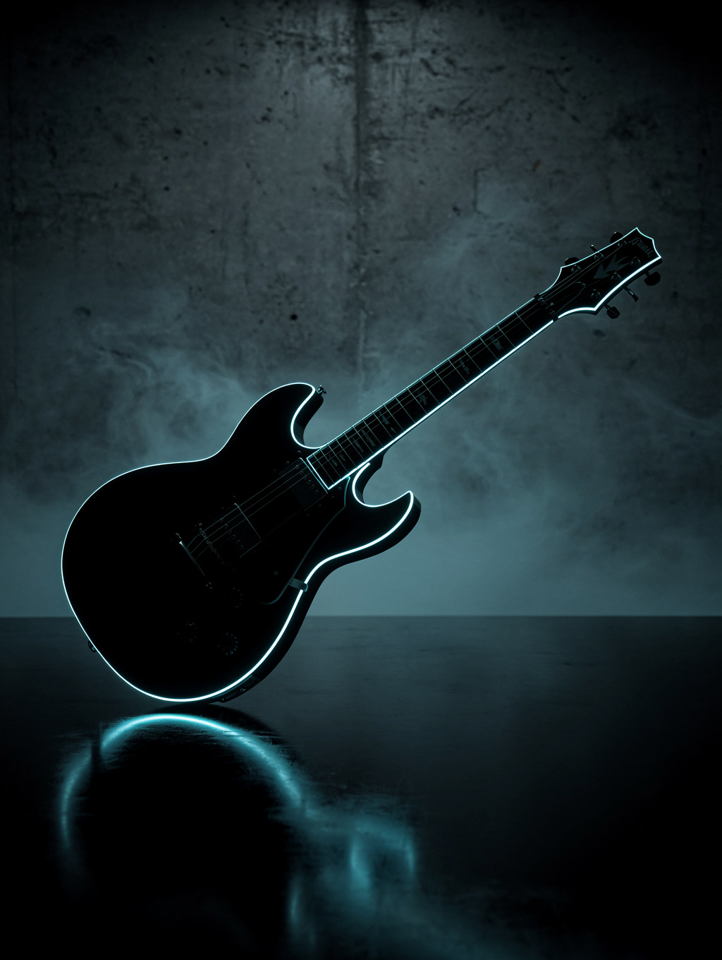Electric guitar resting in a quiet studio corner