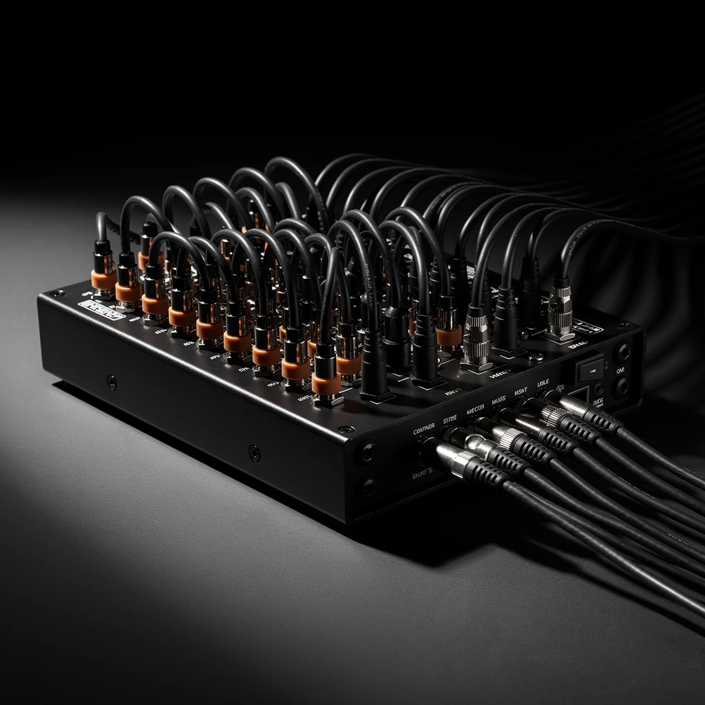 Detailed view of a professional studio patch bay