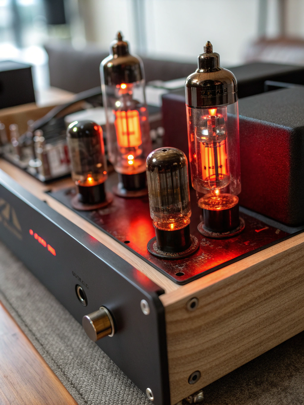 Close-up of glowing vacuum tubes in a vintage amplifier